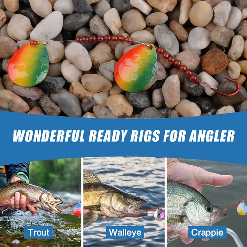 Miniatura 7 de Walleye Spinner Rig Kit, paquete de 5 arneses sobre orugas Walleye Rig pre-aparejado plataformas de cebo vivo Colorado spinners cuchillas giratorias