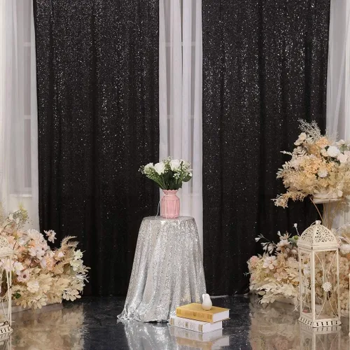 Miniatura 2 de Juya Delight - Cortina de fondo de lentejuelas negras, 4 piezas de 2 pies x 8 pies, cortina de fondo de purpurina para decoración de fiesta, Negro