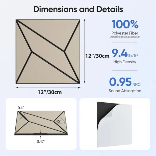 Miniatura 3 de Paquete de 12 paneles acústicos de 12 x 12 x 0.47 pulgadas para absorción de sonido de pared, paneles de sonido cuadrados autoadhesivos de rayas P