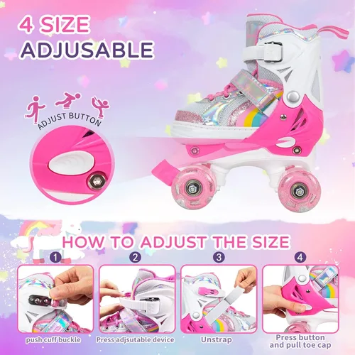 Miniatura 4 de Patines de ruedas Nattork para niños y niñas, patines cuádruples ajustables en 4 tallas para niños con ruedas iluminadas, genial regalo de Rosa
