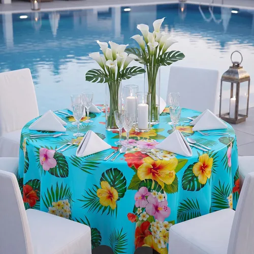 Miniatura 6 de Oudain Mantel hawaiano de 3 piezas de 84 pulgadas con hojas de palmera tropicales, flores redondas, de plástico, desechable, circular, impermeable