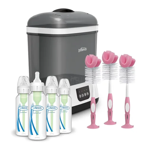 Dr. Brown's Clean Steam - Esterilizador y secador de biberones y chupetes, opciones anticólicos + biberones de 8 onzas, 0.0 ft+ nivel 1, pezón de 4
