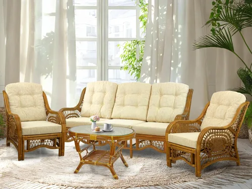 Malibu Lounge Juego de 4: 2 sillas de mimbre de ratán natural, sofá de tres plazas con cojines y mesa de centro con vidrio hecho a mano, color