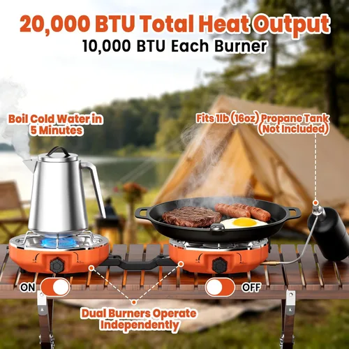 Miniatura 4 de Cofiyard Estufa de campamento de propano de 2 quemadores de 20,000 BTUs, estufa de campamento plegable portátil con quemadores ajustables, regulador