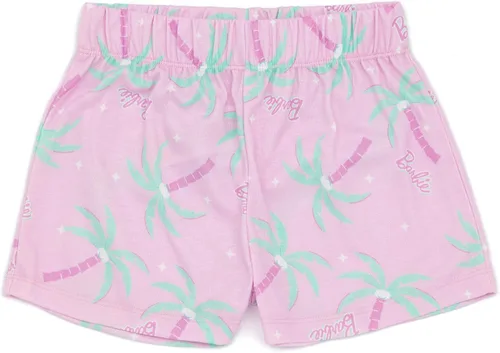 Miniatura 5 de Barbie Pijama corto para niñas, diseño de muñeca rosa con estampado de levantamiento y brillo, pantalones cortos elásticos para dormir