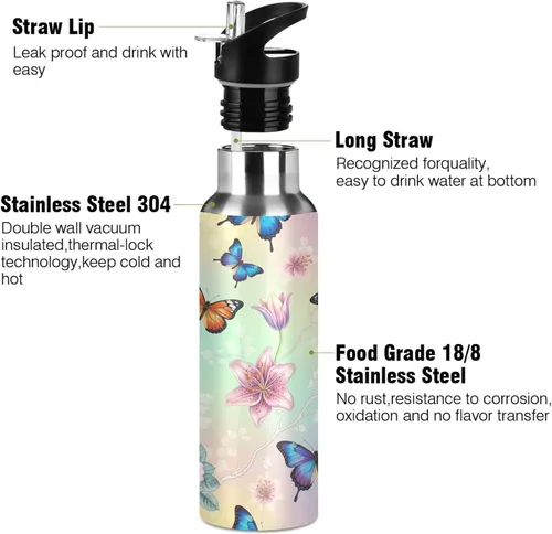 Miniatura 3 de BPA-Free Sport Water Bottle Insulated 32 Oz, Insulated Stainless Steel Water Bottle with Straw for Gym Outdoor Travel School, Colorful Butterflies