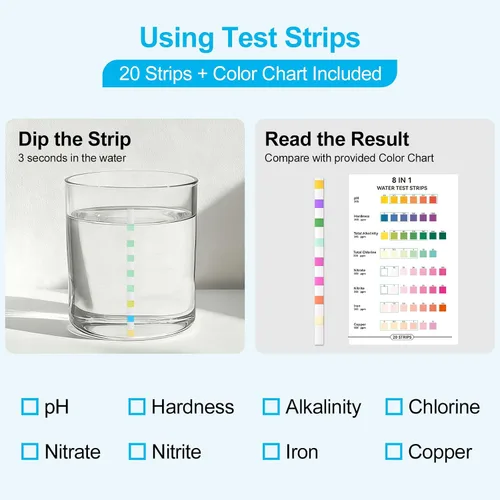Miniatura 3 de Kit de prueba de agua: medidor TDS, 20 tiras de prueba (8 en 1), guía de acción del usuario y 2 hojas de registro. Probador digital de agua