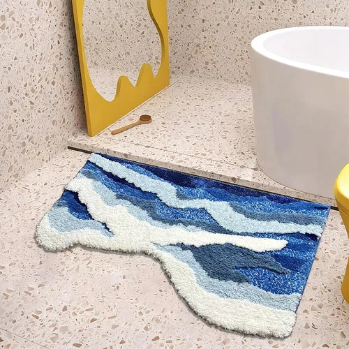 Miniatura 9 de Tapete de baño azul con olas del océano, bonita decoración temática costera de playa, antideslizante, lavable, tapete de baño para dormitorio, baño