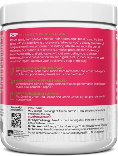 Miniatura 6 de Fórmula para ganar energía y perder peso de RSP AminoLean. BCAA en polvo con ALC, extracto de té verde y cafeína para desarrollar el músculo magro