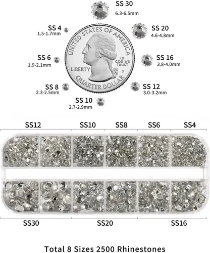 Miniatura 4 de Beadsland Diamantes de imitación para maquillaje, 8 tamaños, 2500 unidades de diamantes de imitación de cristal con parte trasera plana, gemas