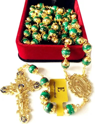 Miniatura 4 de elegantmedical Hecho a mano, chapado en oro de 18 quilates, sin duda, rosario de malaquita, collar de cuentas de oración, regalo católico y caja