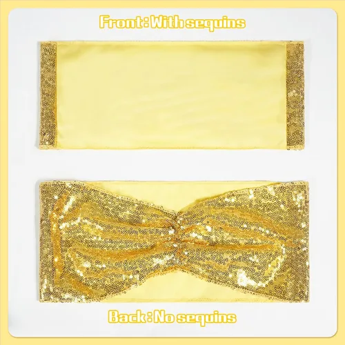Miniatura 2 de Poise3EHome Juego de 50 bandas elásticas de lentejuelas doradas para sillas de una cara, lazos decorativos para bodas, fiestas, eventos, fundas