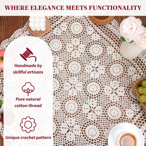 Miniatura 6 de kilofly Manteles individuales hechos a mano con encaje de algodón y ganchillo, para sofá, cuadrados, beige, 27 pulgadas