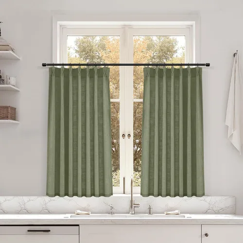 Miniatura 111 de Juego de 2 paneles de cortinas de ventana de cocina beige de 24 pulgadas de largo, con textura de lino, plisadas, filtrantes de luz, semi pequeñas