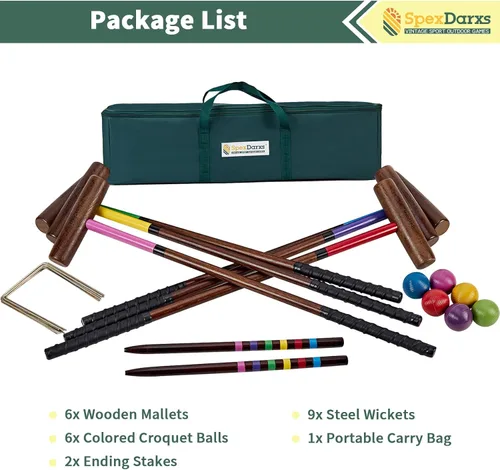 Miniatura 7 de SpexDarxs Juego de croquet para seis jugadores de 28 pulgadas, kit de croquetas con mazos de madera de primera calidad, bolas de colores, mechones