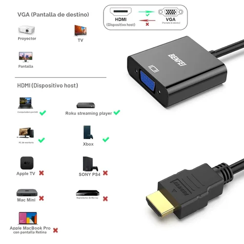 Miniatura 3 de BENFEI Adaptador HDMI a VGA, chapado en oro (macho a hembra) para computadora, escritorio, laptop, PC, monitor, proyector, HDTV, Chromebook