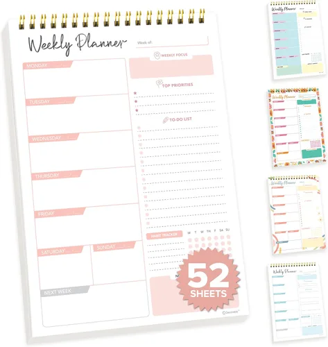 Miniatura 7 de Decorably Bloc de notas de 52 hojas de planificador semanal azul sin fecha, 6.5 x 10 pulgadas, diseño fácil de arrancar, con enfoque, prioridades