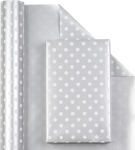 Miniatura 2 de WRAPAHOLIC Papel de regalo reversible, mini rollo, 17 pulgadas x 33 pies, estampado plateado y diseño de lunares para cumpleaños, vacaciones, bodas