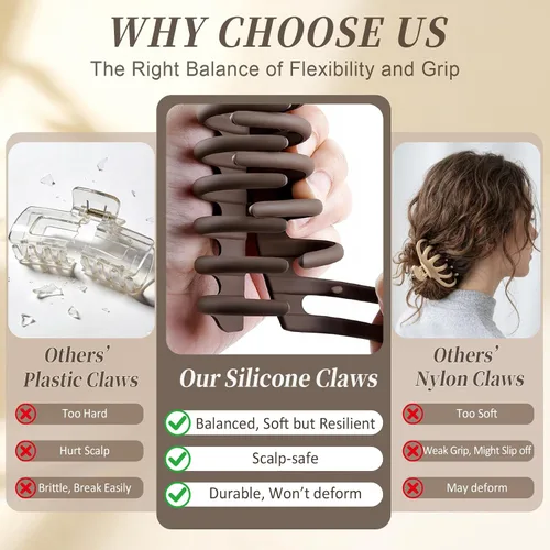 Miniatura 2 de TOCESS Pinzas de silicona para el cabello: paquete de 4 pinzas de garra mate grandes flexibles e irrompibles para mujeres de cabello grueso/fino