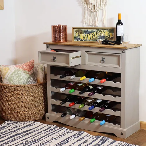 Miniatura 9 de Sunnydaze Mesa de estante de vino de pino macizo de 34.5 pulgadas de alto con 28 botellas, cuatro filas de 7 botellas, 2 cajones, tiradores de cajón