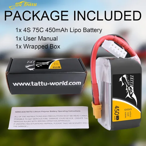 Miniatura 6 de TATTU Batería LiPo de 14.8V 450mAh 75C 4S con enchufe XT30 para multirotor FPV 150