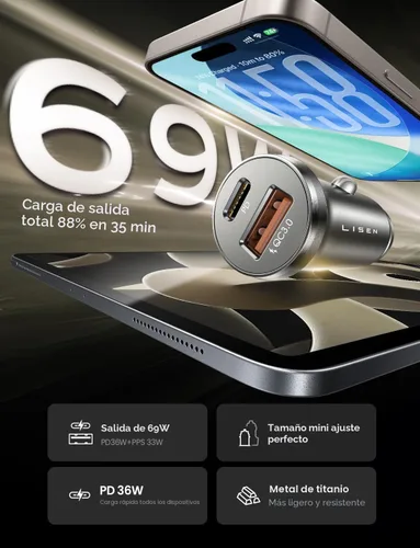 Miniatura 3 de LISEN 54W Mini Adaptador de Encendedor de Cigarrillos Cargador de Coche USB C Carga Rápida, Adaptador de Cargador de Coche 12V Encendedor