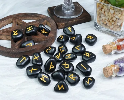 Miniatura 8 de Crocon Piedras preciosas de turmalina negra Alfabeto Futhark Alfabeto Grabado Runa Piedra 25 Piezas Set para Feng Shui Chakra Equilibrio Reiki