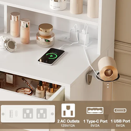 Miniatura 6 de Tocador blanco con espejo iluminado, 8 estantes, 2 cajones, estación de carga, soporte para secador de pelo y taburete, espejo LED con 3 modos de luz
