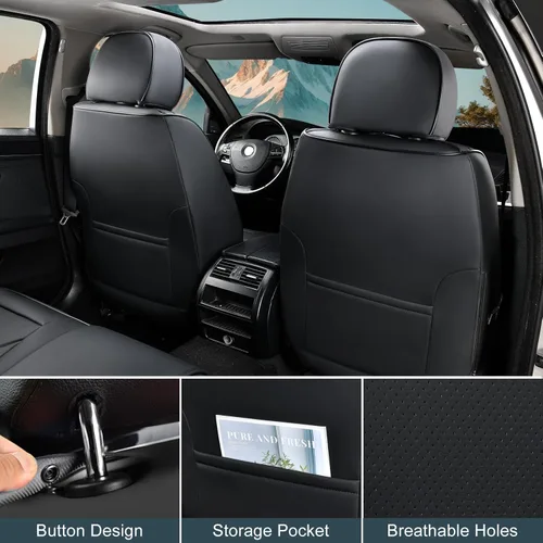 Miniatura 4 de TIEHESYT Fundas negras para asientos delanteros de automóvil, par de fundas de asiento delantero y reposacabezas de cuero transpirable para una