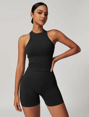 Miniatura 27 de Conjuntos de entrenamiento para mujer, 2 piezas, sin costuras, acanalada, sin mangas, brasier deportivo, cintura alta, pantalones cortos