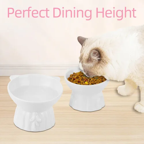 Miniatura 4 de Paquete de 2 cuencos elevados para gatos, platos elevados de cerámica para alimentos y agua para gatos, diseño extra ancho y poco profundo, Blanco