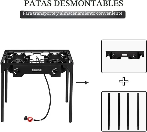 Miniatura 3 de Bonnlo Estufa de gas de propano portátil de 2 quemadores para exteriores, quemador de hierro fundido resistente con patas de soporte desmontables