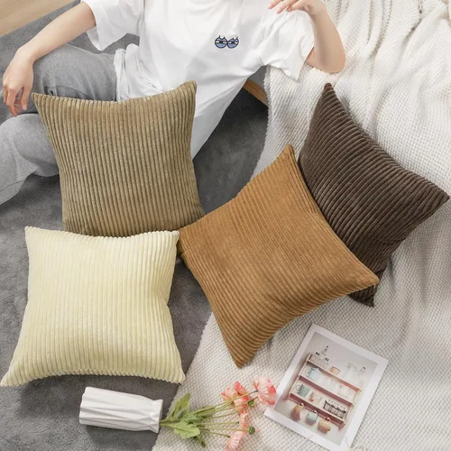 Miniatura 4 de Lewondr - Fundas de almohada de pana, juego de 4 fundas cuadradas de 22x22 pulgadas, con diseños a rayas modernas, para sofá, sala de estar, Marrón