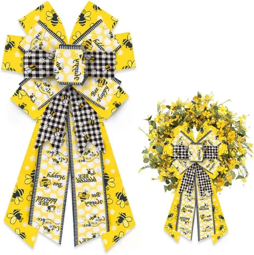 Estivaux Lazos grandes de abejorro para corona, lazos de corona de abeja amarillos, lazos de arpillera amarillos, lazos de búfalo blanco y negro,