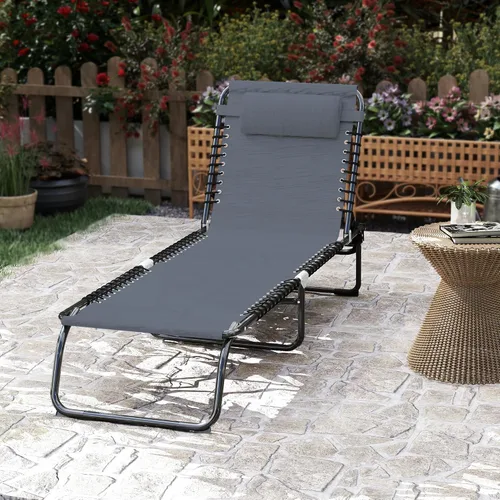 Miniatura 9 de Outsunny Tumbona plegable, silla de bronceado para patio, tumbona para exteriores con respaldo reclinable de 4 posiciones, asiento de malla Gris
