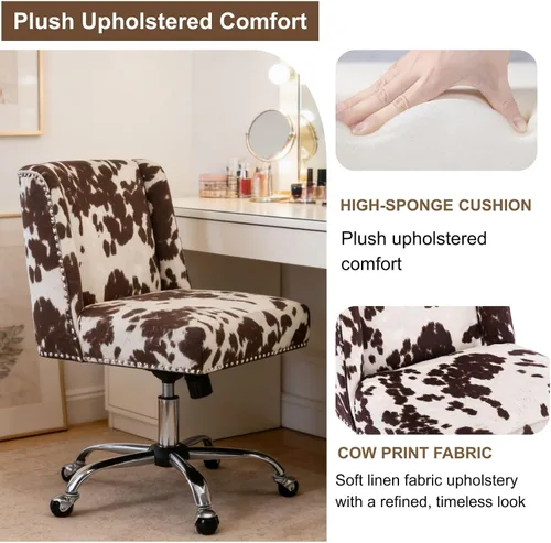 Miniatura 9 de Silla de escritorio con estampado de vaca, silla giratoria de escritorio con ruedas, silla tapizada para oficina en casa sin brazos para dormitorio