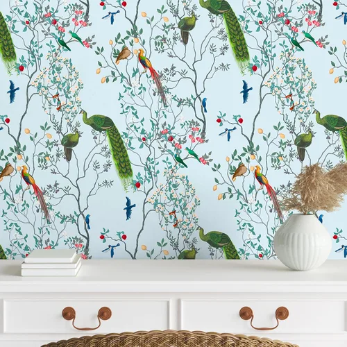 Miniatura 4 de VEELIKE Papel tapiz de pavo real azul claro para despegar y pegar, para dormitorio, sala de estar, 17.7 x 118 pulgadas, papel de pared chinoiserie