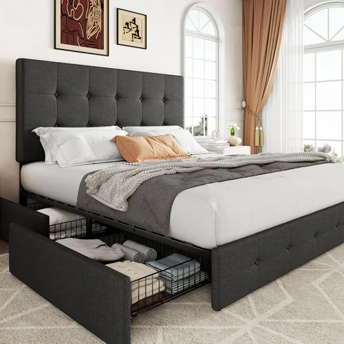 Miniatura 30 de Allewie - Base de cama tapizada de tamaño Full con plataforma, con 4 cajones de almacenamiento y cabecero, diseño cosido en cuadrados con botones