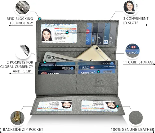Miniatura 2 de Carteras de piel con bloqueo RFID para cheques con 11 ranuras para tarjetas para mujer