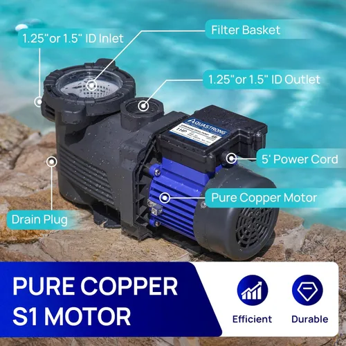 Miniatura 4 de AQUASTRONG - Bomba de piscina sobre el suelo de 1 HP, de una sola velocidad, adaptador de 1.25 pulgadas y 1.5 pulgadas, 115 V, 4945 GPH, alto flujo