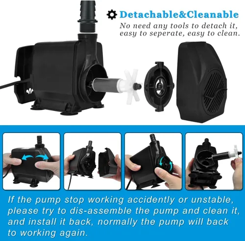 Miniatura 5 de PULACO Gran caudal: Bomba sumergible de 800 GPH (3000 L/H) con tubo de 6.5 pies, bomba de agua de fuente duradera de 45 vatios con 4 boquillas