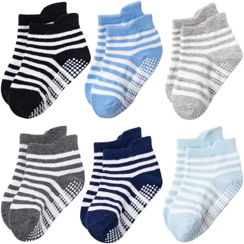 6 pares de calcetines para niños y niñas, calcetines de tobillo antideslizantes a rayas elásticos antideslizantes para niños pequeños de 1 a 3 años