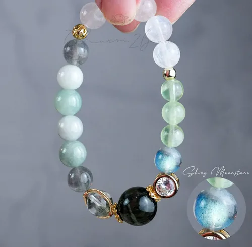 Miniatura 136 de Precious Gemstone Natural Crystal Healing Bracelet, Rutilated Quartz, Moonstone, Quartz Handmade Original Design Bracelet