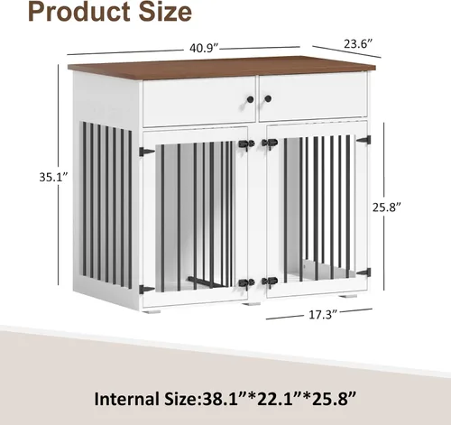 Miniatura 2 de Mueble de jaula para perros grande, perrera de interior de 41 pulgadas con divisor removible y puertas dobles, jaulas de madera para perros para 2