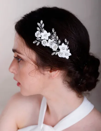 Miniatura 5 de Chargances 3 horquillas para el pelo de perlas de flores blancas para novia, cuentas de perlas plateadas, hechas a mano, accesorios para el cabello