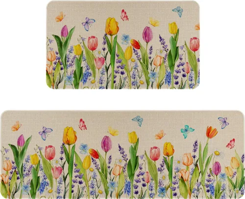 Miniatura 15 de Juego de 2 tapetes y tapetes de cocina con diseño floral de primavera, diseño floral de acuarela para piso, decoración de fregadero de cocina