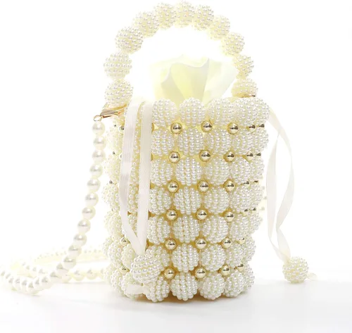 Miniatura 4 de YIFEI Bolsos hechos a mano con cuentas pequeñas perlas para mujer, con cadena desmontable, para fiesta de boda, Blanco