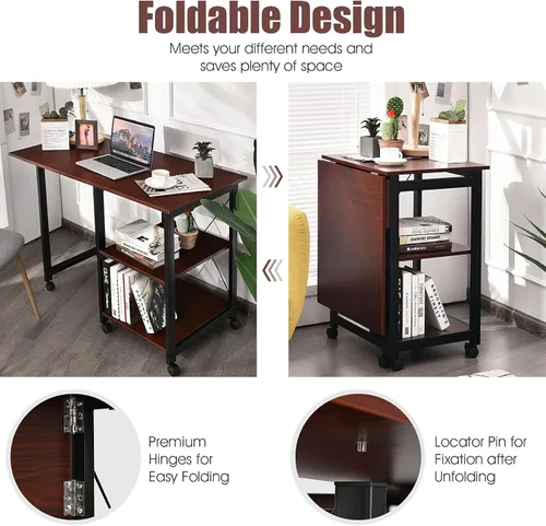 Miniatura 6 de Tangkula Escritorio plegable móvil para computadora, escritorio moderno con estantes de almacenamiento de 2 niveles, escritorio de estudio