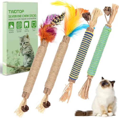 Miniatura 9 de TINDTOP Juguetes masticables de hierba gatera para gatos, paquete de 12 palitos de vid plateada natural para limpieza de dientes de gatitos, cuidado