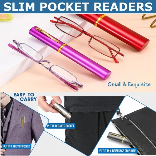 Miniatura 5 de touk Small Portable Reading Glasses Anti Blue Light UV, Compact Slim Pocket Readers with Mini Pen Clip Tube Case 2 Pairs